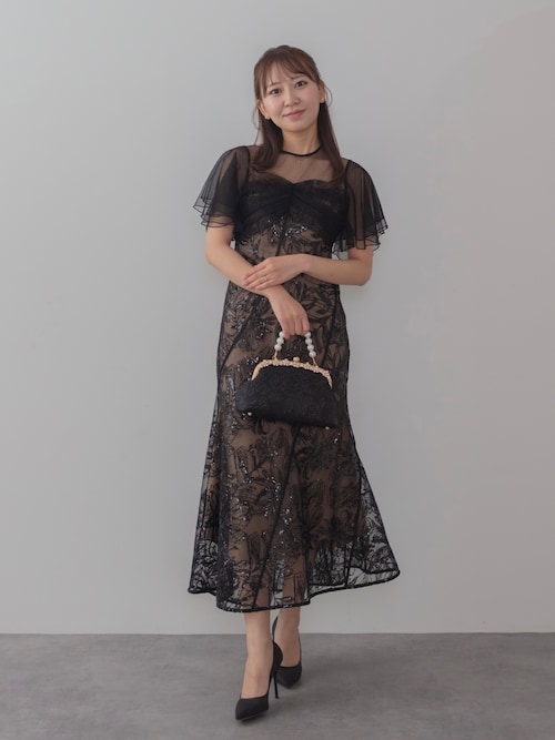 LEJA ドレス フレアスリーブ　ブラック　クラシカル　華やか　綺麗め セール】【LEJA】フラワースパンコールチュールフレアスリーブ