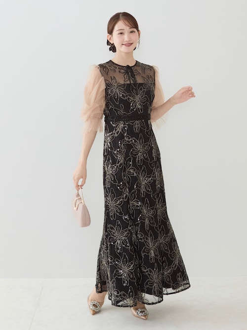 LEJA スパンコール ドレス ワンピース 結婚式 二次会 パーティー セール】【LEJA】スパンコール花柄刺繍ソフトパフスリーブ