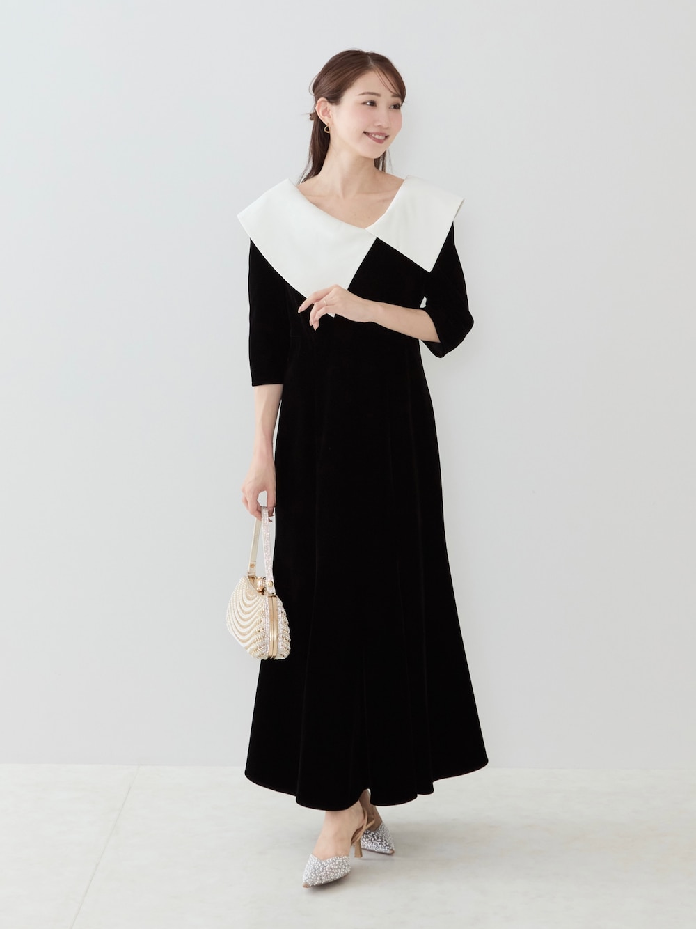 LEJA】配色アシンメトリービッグカラーベロアマーメイドシルエット