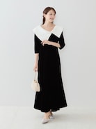 LEJA】配色アシンメトリービッグカラーベロアマーメイドシルエット
