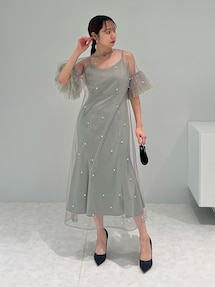 【LEJA】ティアードフリルスリーブレイヤードパールワンピースドレス 2点セット Leja（レジャ）の「【LEJA】ティアードフリルスリーブレイヤード