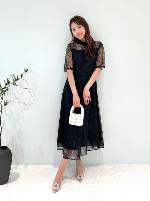 セール】【LEJA】ハイネック花柄レースウエストマーク透けロングドレス