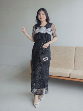 「Leja（レジャ）の【LEJA】レースフラワースパンコールエンブロイダリービスチェIラインワンピースドレス2点セット美脚効果結婚式 パーティードレス 成人式 二次会 同窓会 お呼ばれ オケージョン 20代 30代（ドレス、ブラック系）」を使った、Lejaさん（レディース・153cm）の春コーディネート