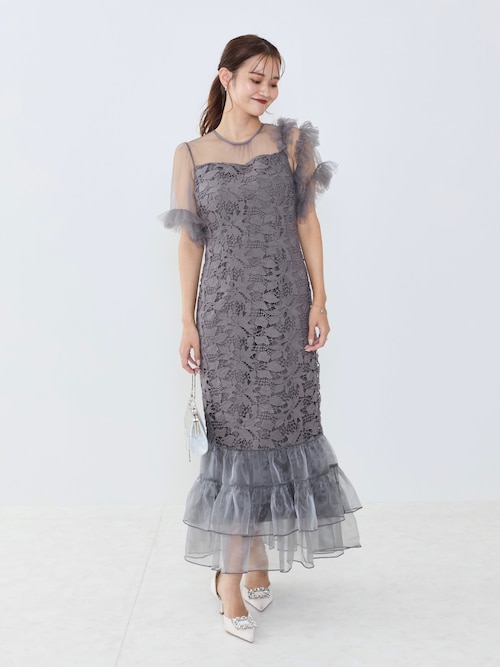 LEJA】アシンメトリーチュールスリーブレースフリルヘムIライン