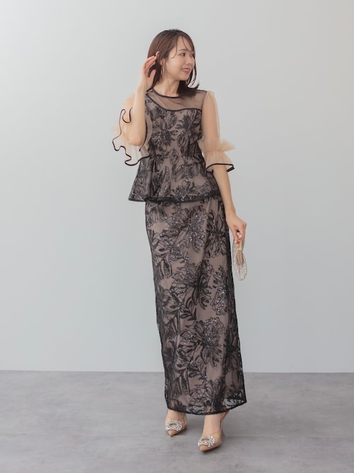 セール】【LEJA】アシンメトリーシアーフラワースパンコールフリル