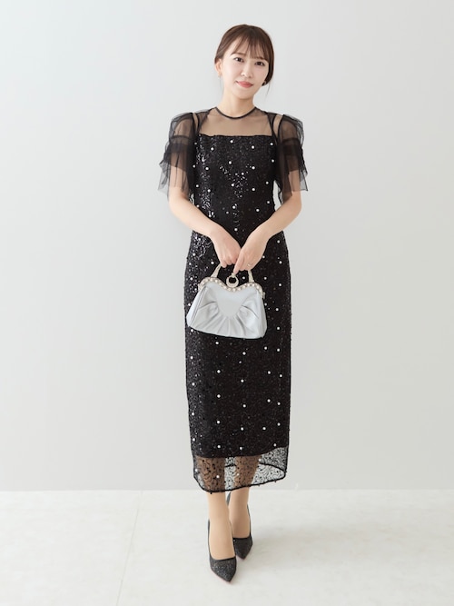 LEJA】スパンコールパールミックスボレロIラインワンピースドレス2点