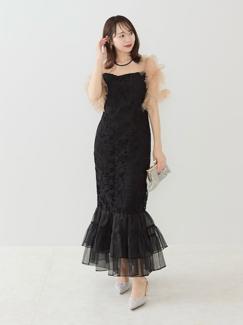 LEJA】アシンメトリーチュールスリーブレースフリルヘムIライン