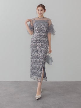 「Leja（レジャ）の【LEJA】フリルチュールボレロフリンジスパンコールIラインワンピースドレス2点セット美脚効果結婚式 パーティードレス 成人式 二次会 同窓会 お呼ばれ オケージョン 20代 30代（ドレス、ブルー系）」を使った、Lejaさん（レディース・153cm）の春コーディネート