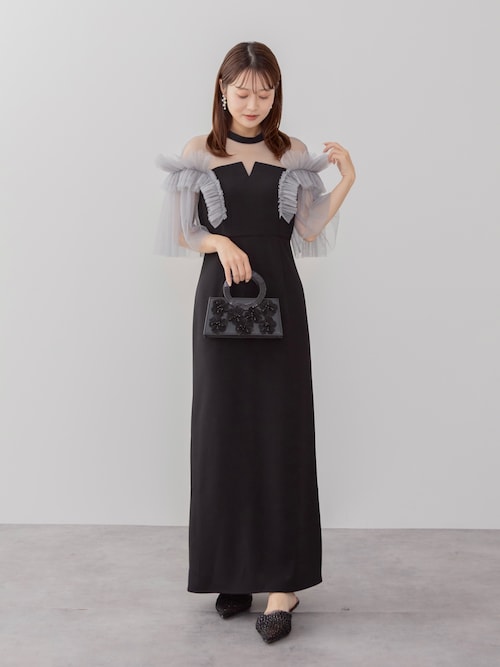 セール】【LEJA】チュールフリルショルダーシアーIラインワンピース