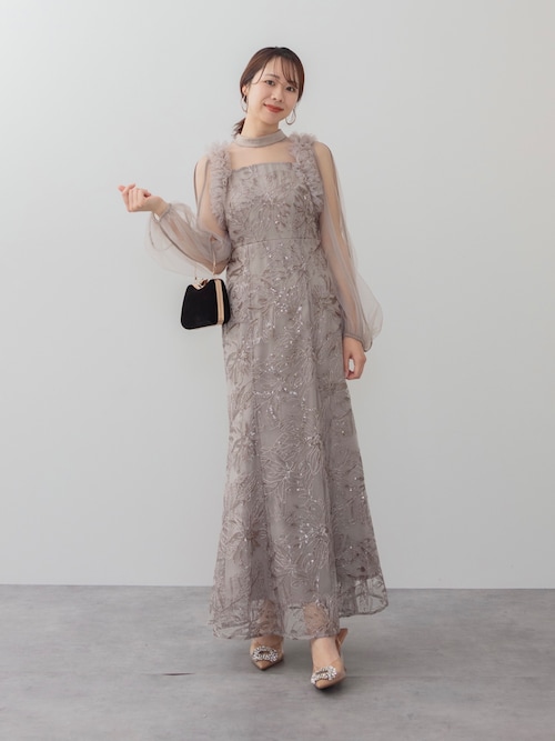 フラワースパンコールチュールフリルロングスリーブマーメイドワンピースドレス結婚式 当日発送】フラワースパンコールチュールフリルロングスリーブ