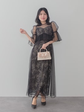 「Leja（レジャ）の【LEJA】フラワースパンコールチュールシアーワンピースキャミワンピースドレス2点セット美脚効果結婚式 パーティードレス 成人式 二次会 同窓会 お呼ばれ オケージョン 20代 30代（ドレス、ブラック系）」を使った、Lejaさん（レディース・153cm）の春コーディネート