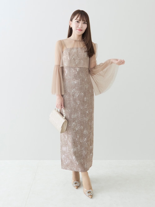 LEJA】シアーチュールベルスリーブペイントIラインワンピースドレス2点