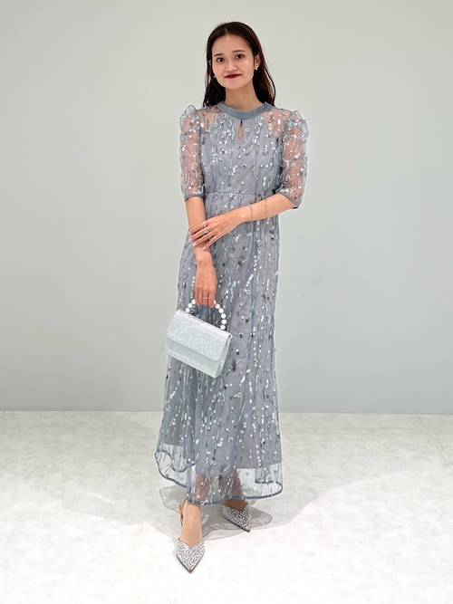 LEJA スパンコールチュールオープンマーメイドワンピースドレス ブルー