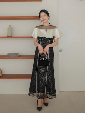 「Leja（レジャ）の【LEJA】ストーンラインシアービッグフリルマーメイドドレス美脚効果結婚式 パーティードレス 成人式 二次会 同窓会 お呼ばれ オケージョン 20代 30代（ドレス、ブラック系）」を使った、Lejaさん（レディース・153cm）の春コーディネート