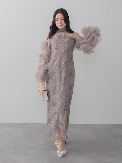 LEJA】フリルチュールスリーブリボンIラインワンピースドレス2点セット