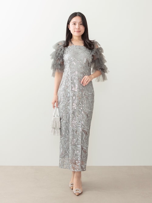 チュールフリルスリーブスパンコールIラインワンピースドレス結婚式パーティー成人式 当日発送】チュールフリルスリーブスパンコールIラインワンピースドレス