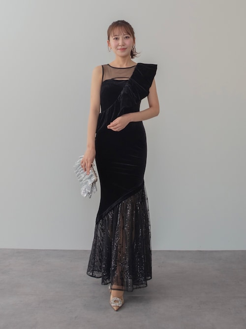 セール】【LEJA LUXE】2WAYアシンメトリーフリルベロアマーメイド