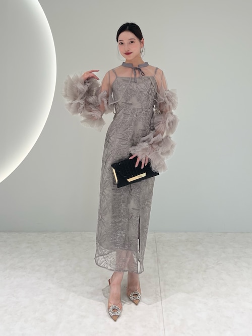 LEJA】フリルチュールスリーブリボンIラインワンピースドレス2点セット