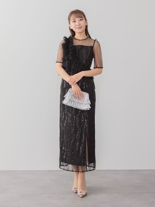 LEJA】アシンメトリーフリルチュールIラインワンピースドレス2点セット