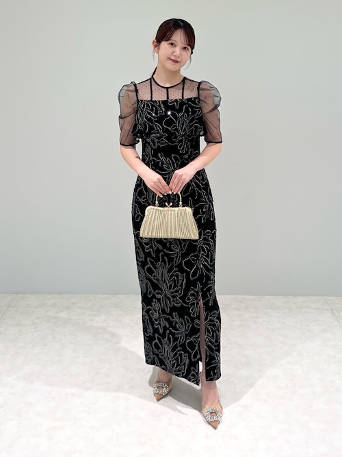 ドットチュールフラワースパンコールIラインワンピースドレス結婚式パーティー成人式 一部当日発送】ドットチュールフラワースパンコールIライン
