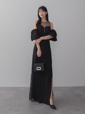 「Leja（レジャ）の【LEJA LUXE】サイドレースシアーデコルテパフスリーブスリットドレスワンピース美脚効果結婚式 パーティードレス 成人式 二次会 同窓会 お呼ばれ オケージョン 20代 30代（ドレス、ブラック系）」を使った、Lejaさん（レディース・153cm）の春コーディネート