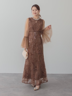 「Leja（レジャ）の【LEJA】ビジューネックスパンコールチュールフレアスリーブマーメイドワンピースドレス美脚効果結婚式 パーティードレス 成人式 二次会 同窓会 お呼ばれ オケージョン 20代 30代（ドレス、ブラウン系）」を使った、Lejaさん（レディース・153cm）の春コーディネート