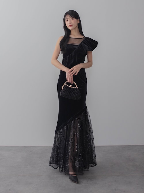 セール】【LEJA LUXE】2WAYアシンメトリーフリルベロアマーメイド
