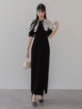 「Leja（レジャ）の【LEJA】レースカラーベロアIラインワンピースドレスセットアップドレス2点セット 美脚効果結婚式 パーティードレス 成人式 二次会 同窓会 お呼ばれ オケージョン 20代 30代（ドレス、ブラック系）」を使った、Lejaさん（レディース・153cm）の春コーディネート