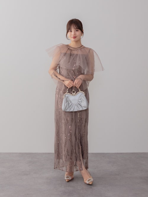 セール】【LEJA】シアーケープスパンコールIラインワンピースドレス