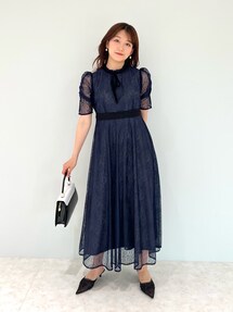Leja ウエストマークパフスリーブ総レースロングドレスワンピース セール】【LEJA】ウエストマークパフスリーブ総レースロング