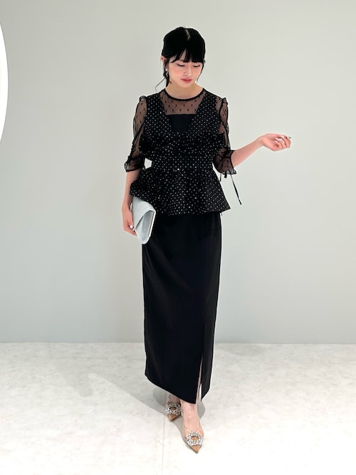 LEJA】ドットストーンペプラムチュールワンピースドレス 2点セット