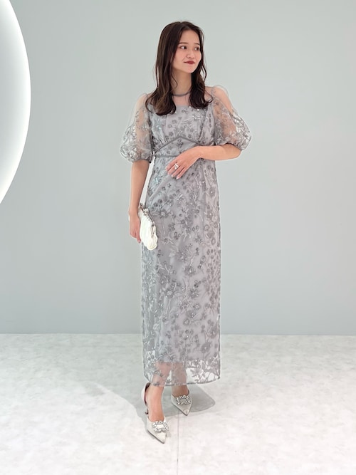 フラワーディテールパフスリーブIラインワンピースドレス結婚式二次会成人式 フラワーディテールパフスリーブIラインワンピースドレス結婚式