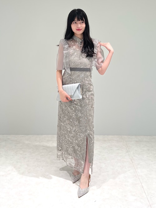 leja グリーン シアーパーティードレス Sサイズ セール】【LEJA】フラワースパンコールシアーフリルIライン