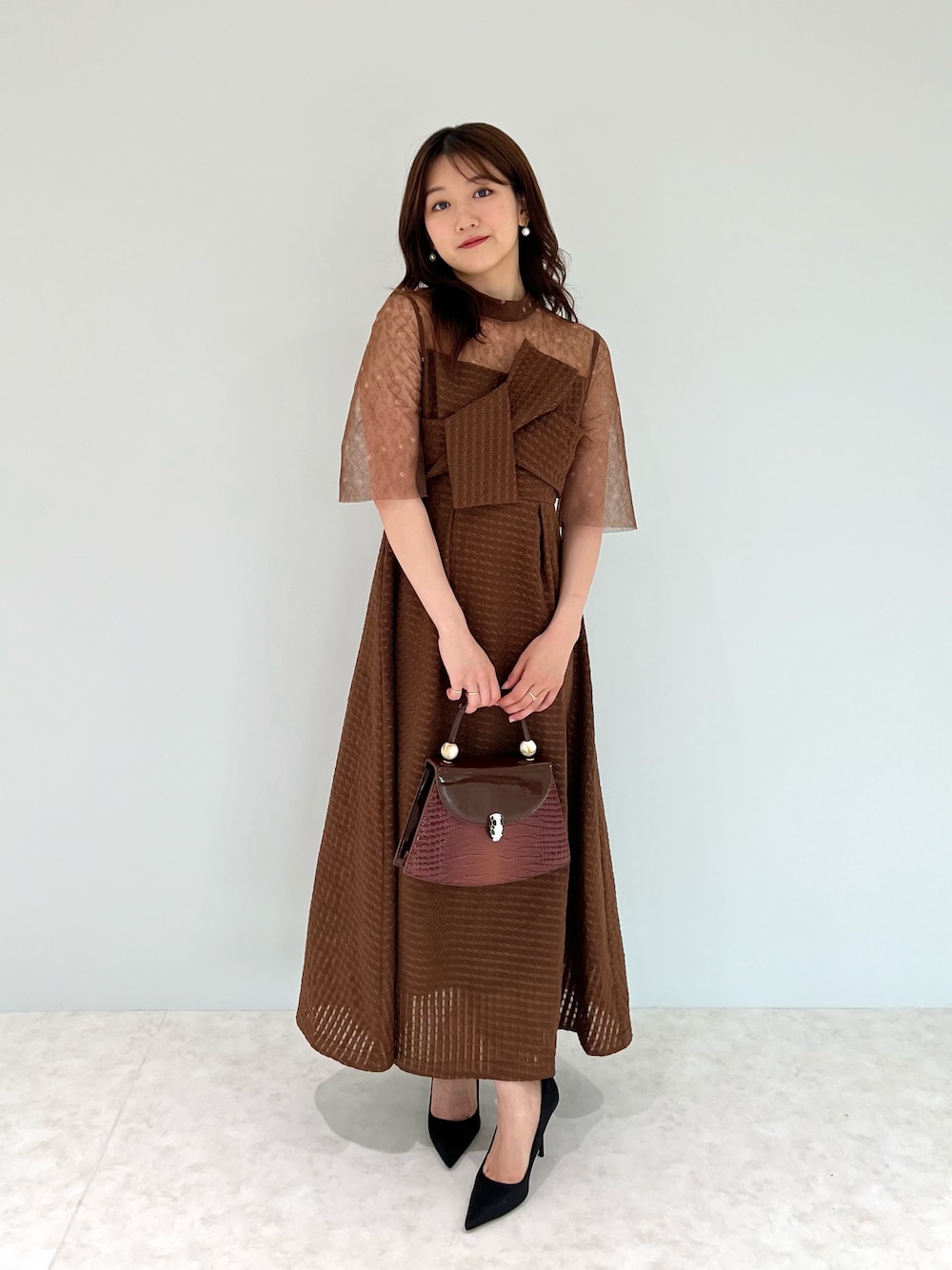 【美品】Leja シアーレースワッフル生地ドレス　Sサイズ Leja（レジャ）の「【LEJA】ビスチェ風切り替えプチハイネック花