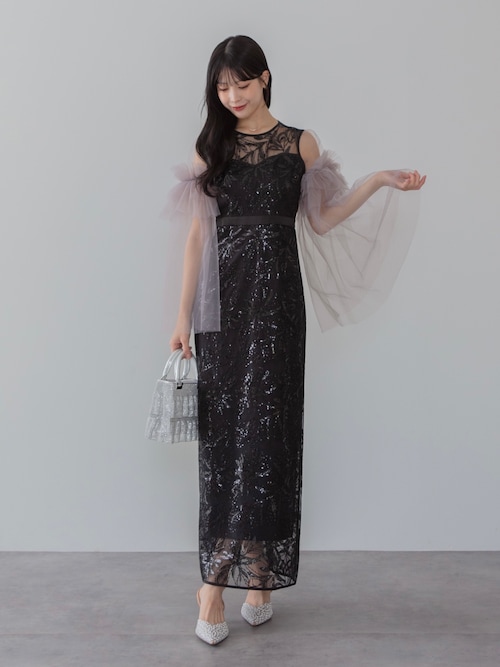 セール】【LEJA】フラワーチュールフリルスリーブIラインワンピース