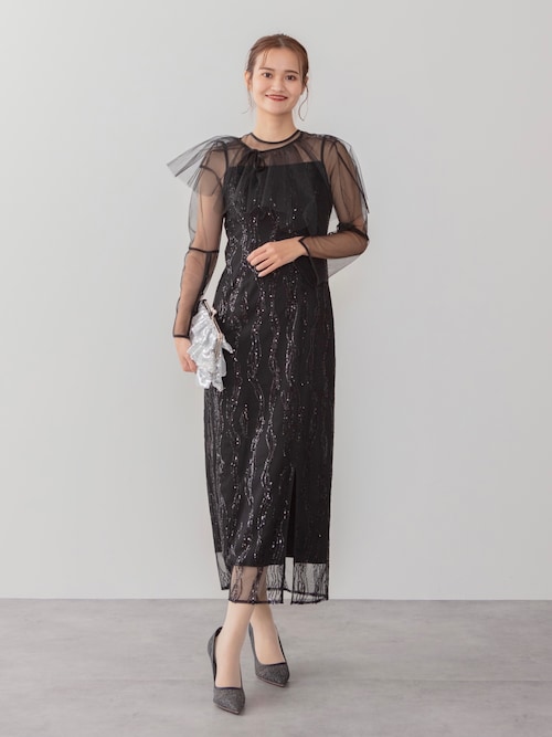 セール】【LEJA】シアーケープスパンコールIラインワンピースドレス