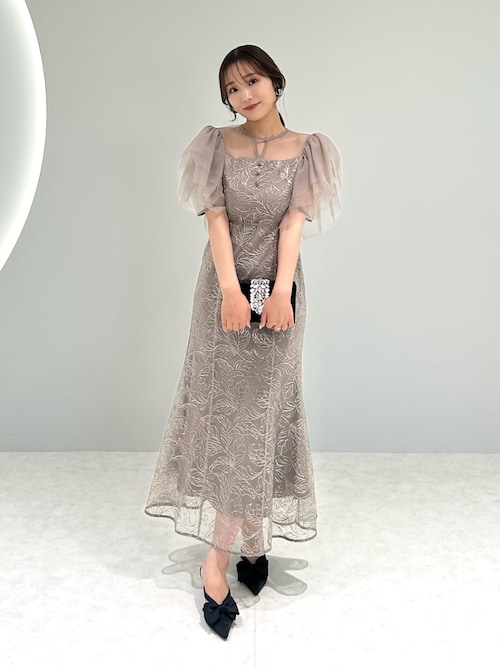 LEJA】チュールスリーブボタニカルマーメイドワンピースドレス美脚効果