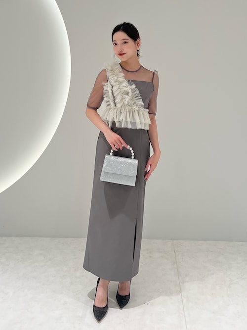 LEJA】アシンメトリーフリルチュールIラインワンピースドレス2点セット