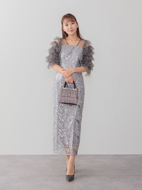 セール】【LEJA】チュールフリルスリーブスパンコールIライン