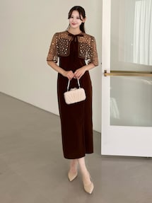 LEJA】ビジューストーンボレロベロアスリットIラインドレスワンピース