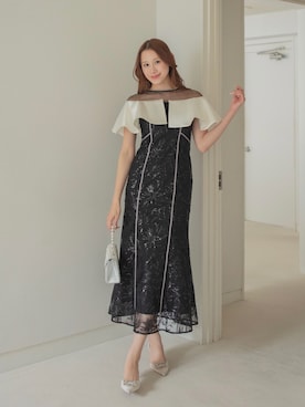 「Leja（レジャ）の【LEJA】ストーンラインシアービッグフリルマーメイドドレス美脚効果結婚式 パーティードレス 成人式 二次会 同窓会 お呼ばれ オケージョン 20代 30代（ドレス、ブラック系）」を使った、Lejaさん（レディース・153cm）の春コーディネート
