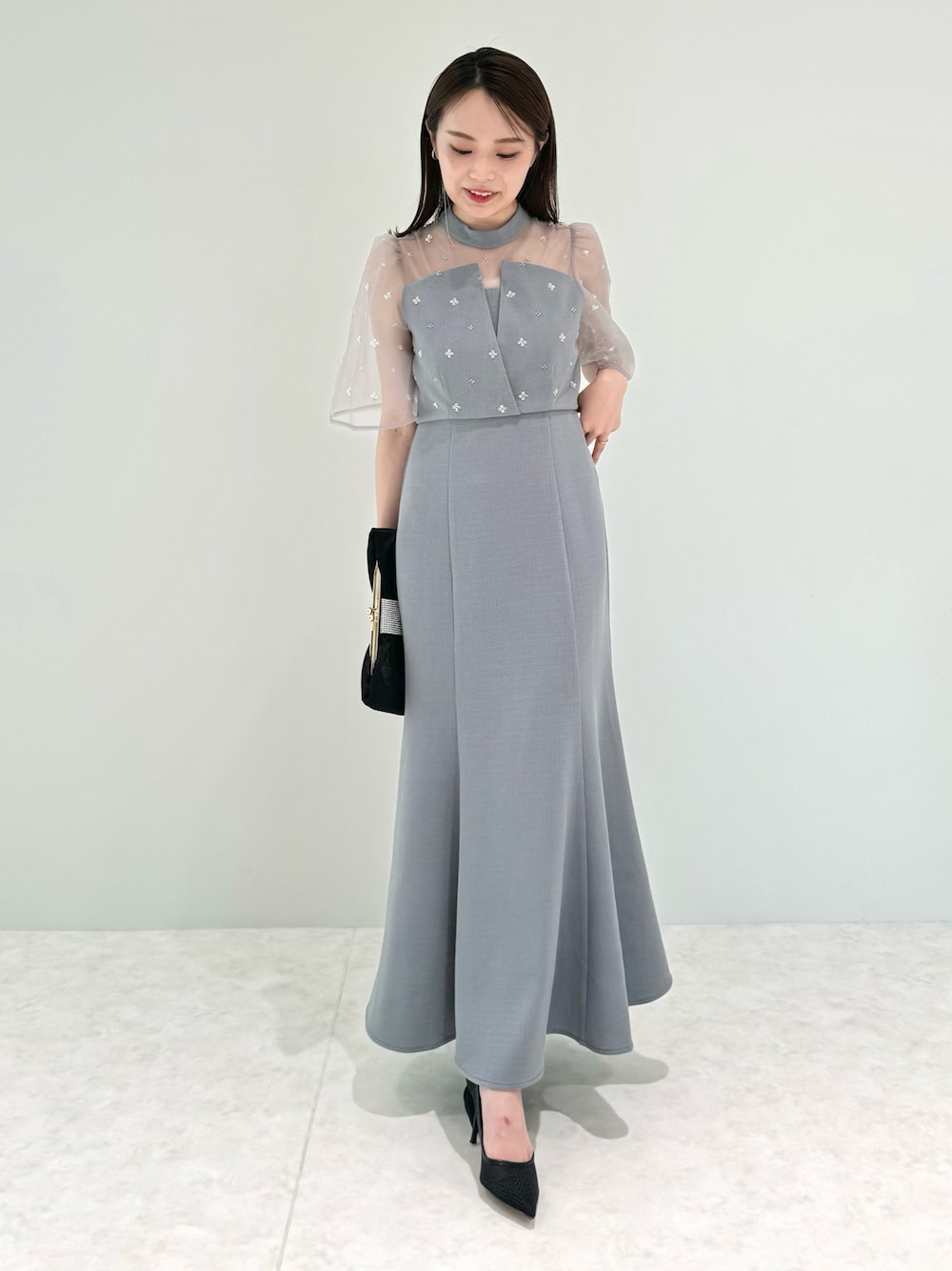 LEJA】花柄ストーンスパンコールチュールオーバーラップマーメイド