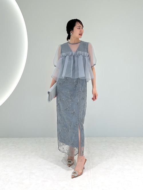 ボリュームシアーフリルジャガードIラインワンピースドレス結婚式パーティー成人式 当日発送】ボリュームシアーフリルジャガードIラインワンピース