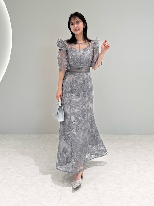 フラワーレースシアーフリルマーメイドワンピースドレス結婚式パーティー成人式二次会 一部当日発送】フラワーレースシアーフリルマーメイドワンピース