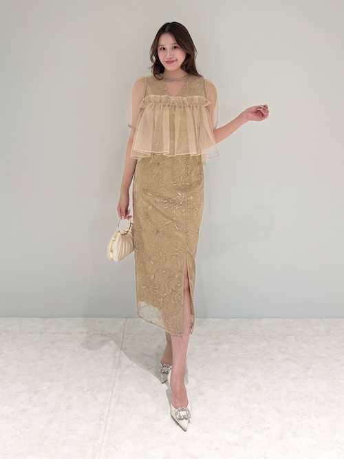 ボリュームシアーフリルジャガードIラインワンピースドレス結婚式パーティー成人式 当日発送】ボリュームシアーフリルジャガードIラインワンピース