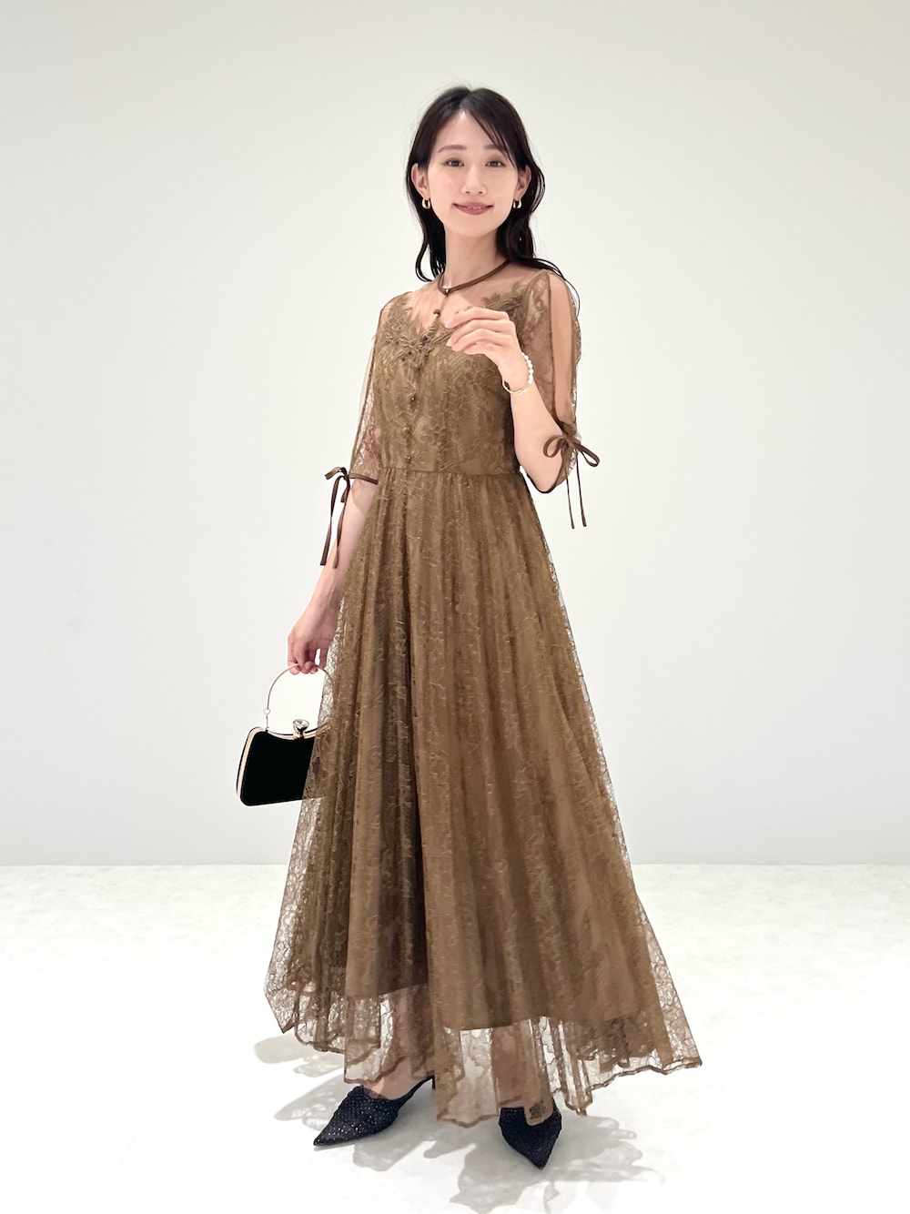 LEJA. お呼ばれドレス茶色 Leja ドレス 「LEJA」美脚効果ハイウエストチュールレース