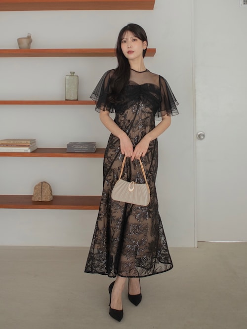 セール】【LEJA】フラワースパンコールチュールフレアスリーブ