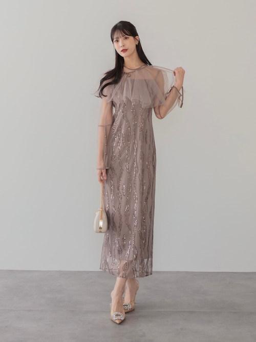 セール】【LEJA】シアーケープスパンコールIラインワンピースドレス