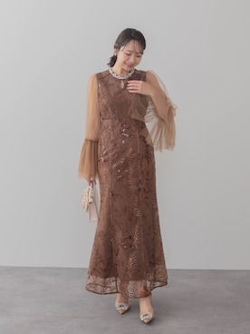 「Leja（レジャ）の【LEJA】ビジューネックスパンコールチュールフレアスリーブマーメイドワンピースドレス美脚効果結婚式 パーティードレス 成人式 二次会 同窓会 お呼ばれ オケージョン 20代 30代（ドレス、ブラウン系）」を使った、Lejaさん（レディース・153cm）の春コーディネート