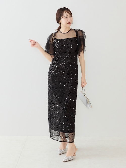 セール】【LEJA】スパンコールパールミックスボレロIラインワンピース